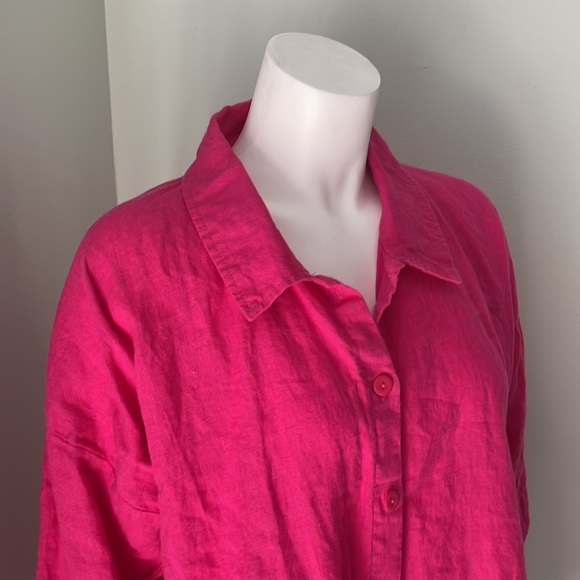 FLAX Pink Linen Lagenlook Button Front Collared Blouse - Picture 2 of 7